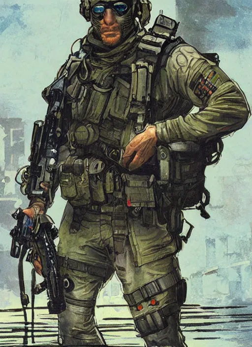 Image similar to Hector. USN blackops operator emerging from water near abandoned shipyard. Agent wearing Futuristic stealth suit. rb6s, MGS, and splinter cell Concept art by James Gurney, Alphonso Mucha. Vivid color scheme.