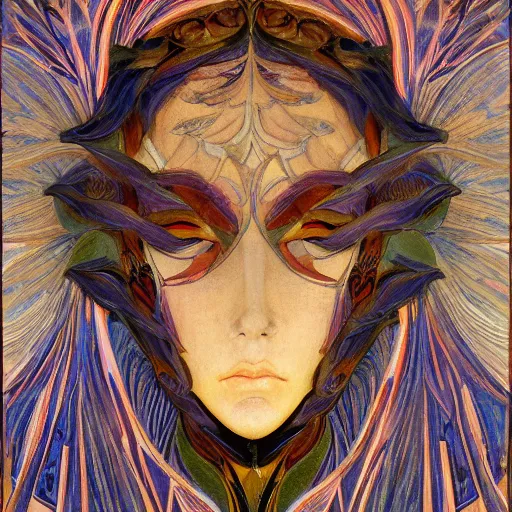 Prompt: masterpiece painting of a facemask made of stylized flowers, by annie swynnerton and jean delville and tino rodriguez and john watkiss, flower mask, art deco shaman, symbolist, dramatic lighting, god rays, elaborate geometric ornament, clean crisp graphics, soft cool colors, smooth, sharp focus, extremely detailed