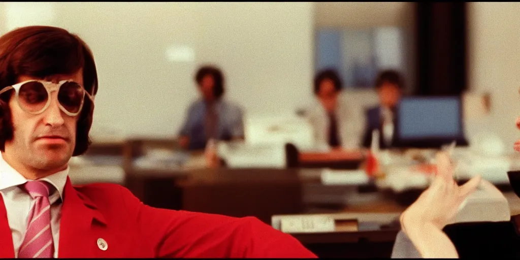 Image similar to screenshot of sharone stone as office cheif at a private company, 1 9 7 0 s psychological thriller by stanely kubrick film, color kodak, anamorphic lenses, detailed faces, moody cinematography