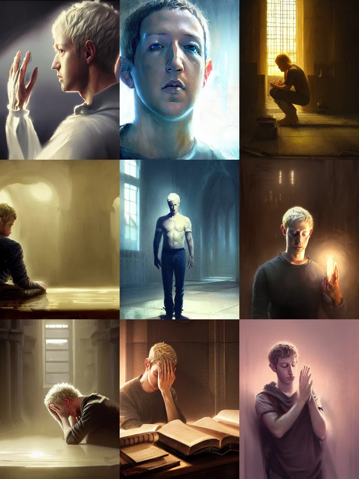 Prompt: dramatic masterpiece Greg Rutkowski male Mark Zuckerberg cleric with platinum blonde hair praying amidst sorrow, realistic, cinematic lighting, WLOP, dungeons and dragons
