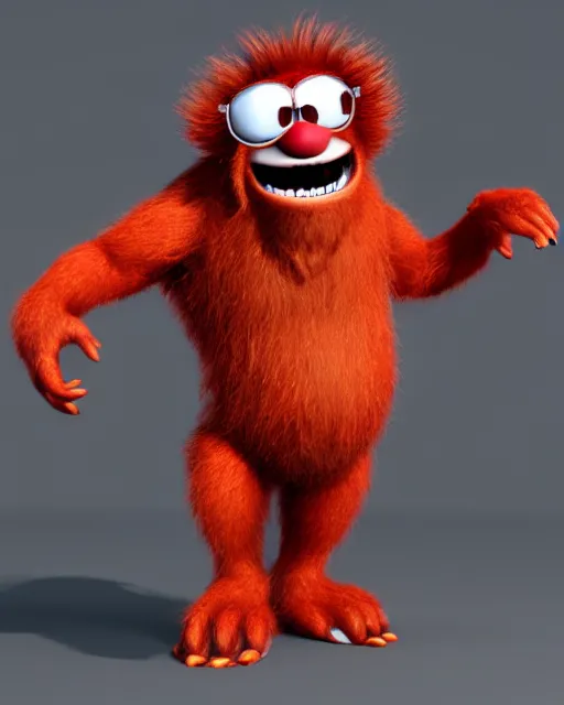 Prompt: 3 d render of completely red hairy friendly antropomorphic creature wearing chrome shades, without nose, grin, full body, standing on 2 feet, in the style of pixar, white background, unreal engine 5, octane render, highly detailed hdr