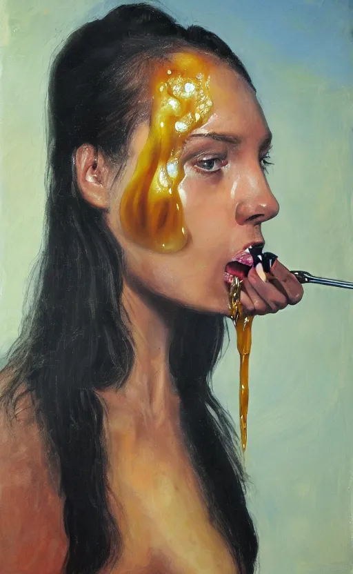 Image similar to portrait of an ancient girl, honey dripping on top of her, oil coming out of her mouth, gipper realistic, high tech!