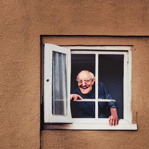 Image similar to an unseen smiling old man seen through a window