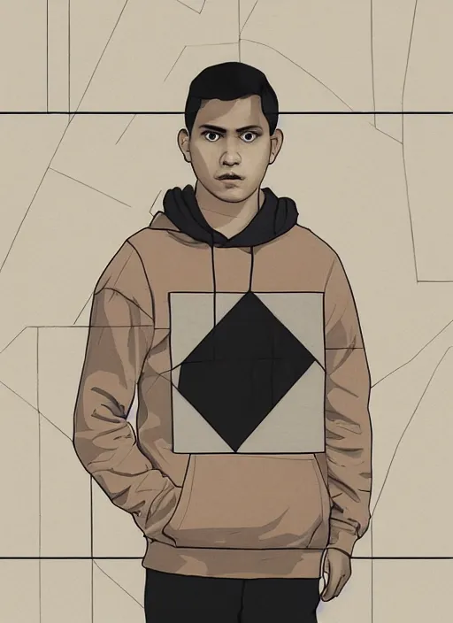 Image similar to symmetry!! portrait of a tan boy with black hair and gray hoodie by sachin teng, organic, cables, matte painting, geometric shapes, hard edges! graffiti, street art