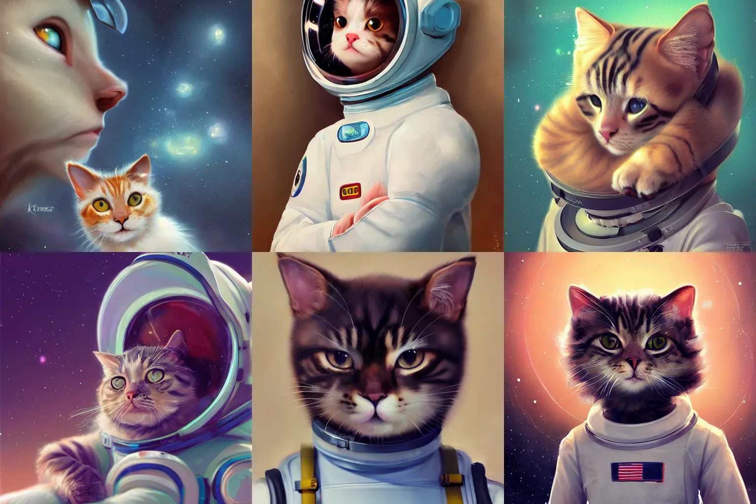 Image similar to head and shoulders masterpiece portrait of a cute adorable cat wearing a spacesuit, surreal background, digital art by Krenz Cushart, trending on artstation, cgsociety,