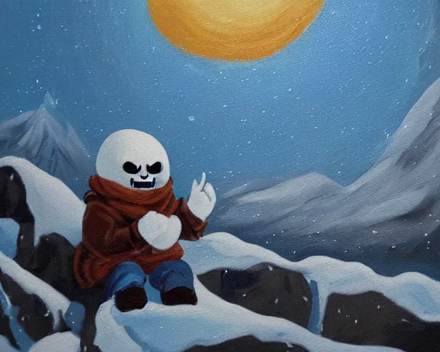 Prompt: oil painting of sans sitting in a mountain during winter