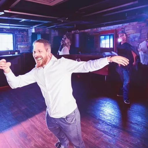 Image similar to photo of a 4 0 year old white man living thinking he's living the best life possible. he looks young for his age. he is at a dance club, it's as if he were in a music video. young woman can be seen dancing around him in a seductive manner.