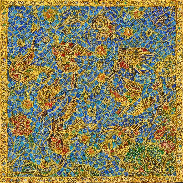 Prompt: classic persian arabic ornament with mystic birds and flowers, highly detailed, photorealistic, mosaic, green and gold, symmetrical, ornate