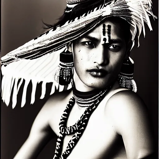 Image similar to a beautiful professional photograph by hamir sardar, herb ritts and ellen von unwerh for the cover of vogue magazine of an unusually handsome native male yanomami female fashion model looking at the camera in a flirtatious way, leica 5 0 mm f 1. 8 lens