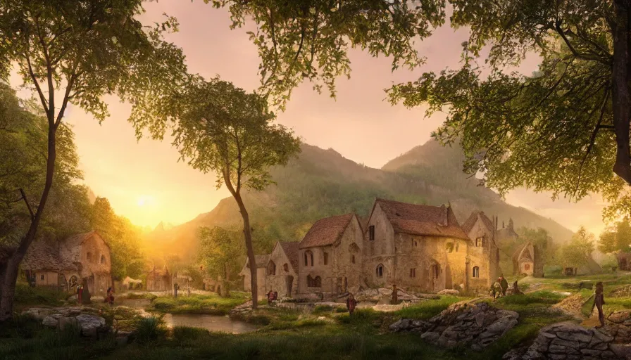 Image similar to medieval village built at the foot of humongous green mountains with forest and lake, fireplace, crowded paths, sunrise, hyperdetailed, artstation, cgsociety, 8 k