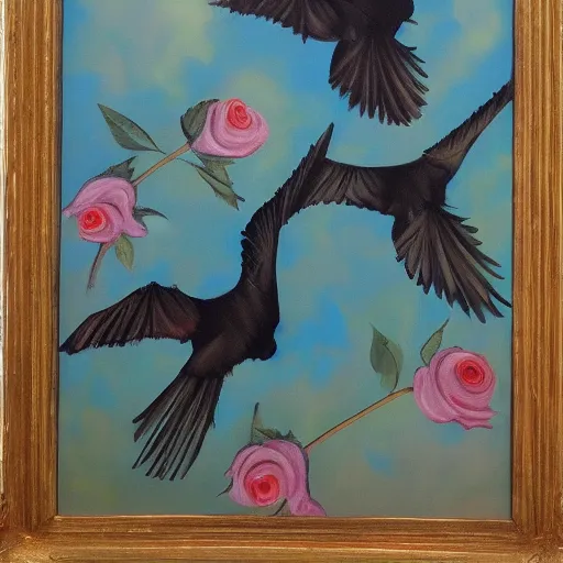 Image similar to flock of ravens in the shape of a rose. painting, oil on canvas