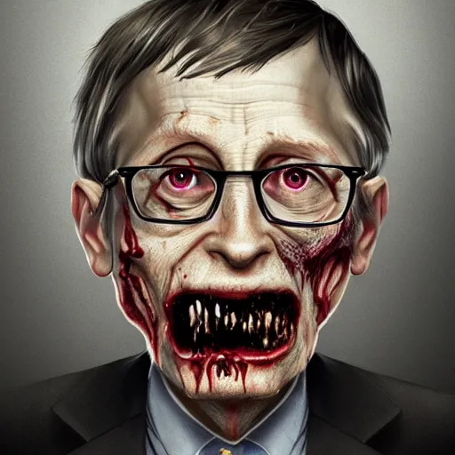 Image similar to a zombie Bill Gates, by WLOP, horror, wounds, bloody, dark fantasy, trending on artstation