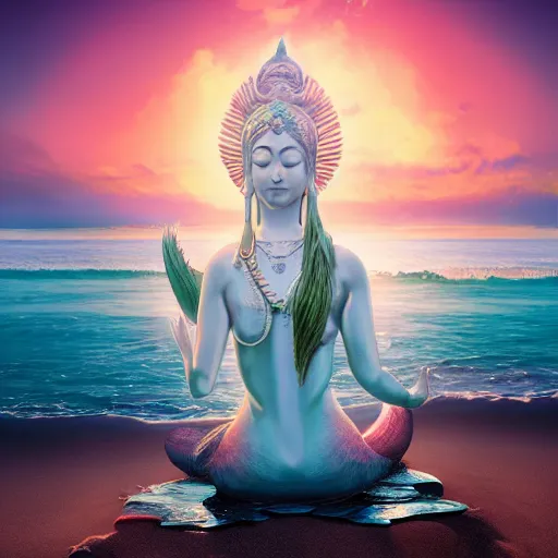 Image similar to stunning artstation style portrait painting of a mermaid bodhisattva, praying meditating, on the beach, by the ocean, stunning sky, WLOP, 8k masterpiece, curvy, slim build, full frame shot, cinematic lighting, pristine clean design, fantasy, insanely detailed, atmospheric