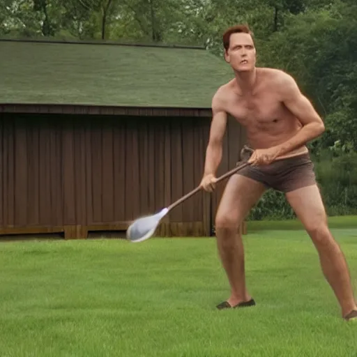 Image similar to Live Action Still of Jerma in Caddyshack, real life, hyperrealistic, ultra realistic, realistic, highly detailed, epic, HD quality, 8k resolution, body and headshot, film still