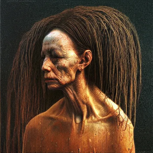 Prompt: portrait of 80000 years old girl, painting by Beksinski