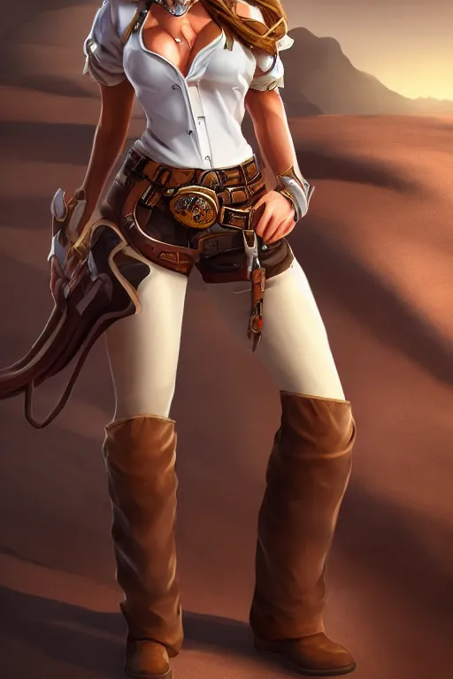 Image similar to full body, female cowgirl, perfect face, white blouse, holster, 8 k, magic the gathering, desert, d & d, artstation, high detail, smooth, muscular