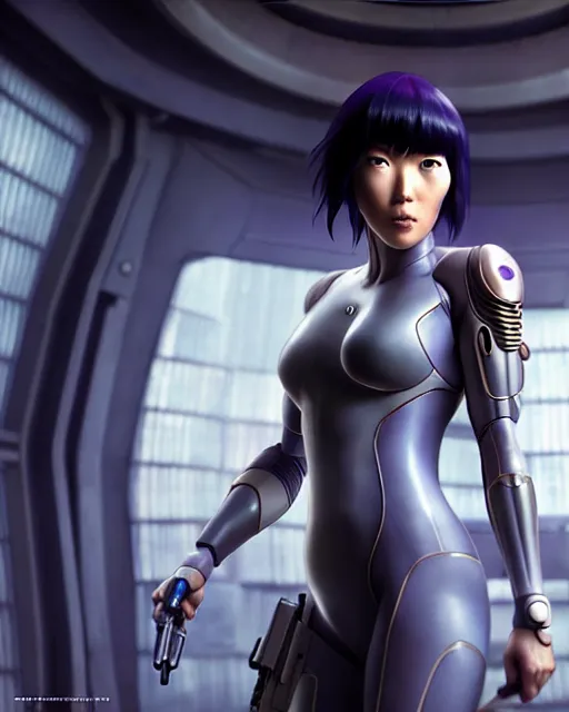 Image similar to weta disney pixar movie still portrait photo of motoko kusanagi ghost in the shell : : as cyborg woman by pixar : : by weta, wlop, ilya kuvshinov, rossdraws, artgerm, marvel, maxim cover, latex, octane render, sweaty, iridescent, bright morning, anime, liosh, mucha : :