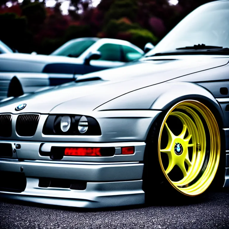 Prompt: close-up-photo BMW E36 illegal meet, cambered wheels, Saitama prefecture, misty midnight, cinematic color, photorealistic, high detailed deep dish wheels, highly detailed, custom headlights, subtle neon underlighting