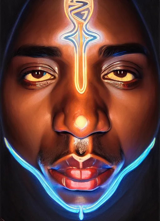 Image similar to symmetry!! portrait of tupac shakur, cottagecore!! fitness body, glowing lights!! intricate, elegant, highly detailed, digital painting, artstation, concept art, smooth, sharp focus, illustration, art by artgerm and greg rutkowski and alphonse mucha