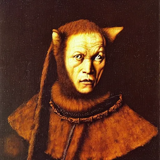 Prompt: portrait of wolf wolfman, oil painting by jan van eyck, northern renaissance art, oil on canvas, wet - on - wet technique, realistic, expressive emotions, intricate textures, illusionistic detail