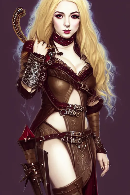 Image similar to Portrait of seductive female bard, D&D, revealing stylish dress like leather armor, choker on neck, long blonde or red hair, mouth slightly open, cute slightly nerdy smile, fantasy, intricate, elegant, stylish, highly detailed, digital painting, artstation, concept art, smooth, sharp focus, illustration, art by artgerm and greg rutkowski and alphonse mucha