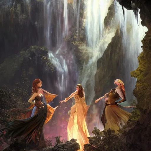 Image similar to an extremely detailed portrait of four polyamorous witches dancing in a cavern behind a waterfall, epic fantasy, viewed in profile from far away, sharp focus, detailed face, art by greg rutkowski and alphonse mucha, volumetric lighting, 4 k resolution, trending on artstation, masterpiece