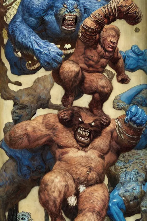 Prompt: full length portrait of massive hulking mogan aste as marvel comic's beast with blue skin by lawrence alma tadema, rick berry, norman rockwell, jason fabok. greg staples, nc wyeth, jack kirby, tom lovell