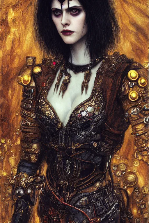 Image similar to portrait of beautiful gothic Alexandra Daddario, cyberpunk, Warhammer, highly detailed, artstation, illustration, art by Gustav Klimt