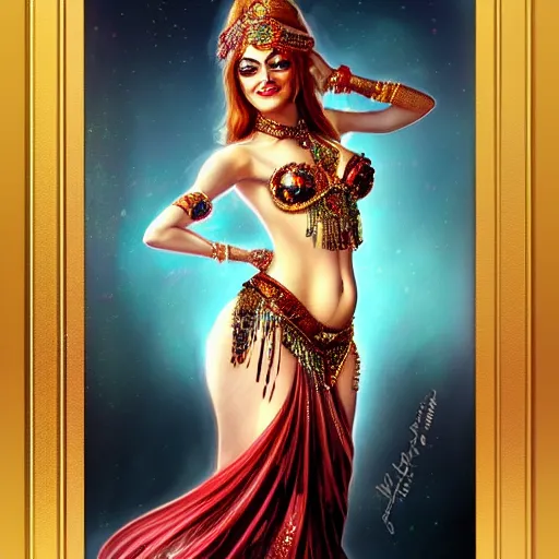 Prompt: a portrait of emma stone dressed as a belly dancer, arabian night, high quality, fully detailed, 4 k, in focus sharp face with fine details, realistic hand details and anatomy, inspired by belly dancer shakira on youtube, by artgerm and greg rutkowski and alphonse mucha, masterpiece, stunning, artstation