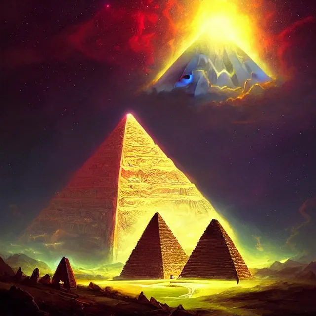 Prompt: the illuminati eye opening up from an orb above a pyramid, a fantasy magical landscape seen in the distance, atmospheric lighting, intricate, volumetric lighting, beautiful, sharp focus, ultra detailed, in the art style of marc simonetti, bowater charlie and brom gerald, astrophotography