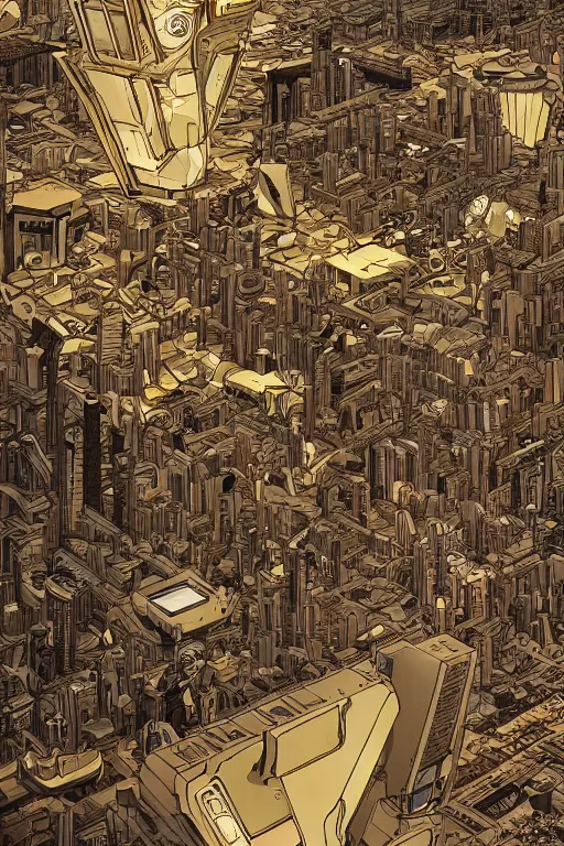 Prompt: gold and silver tones, cybernetic village on the outskirts of the universe, style of moebius, james jean, mcbess, cinematic, low detail, award winning, 8 k photorealistic