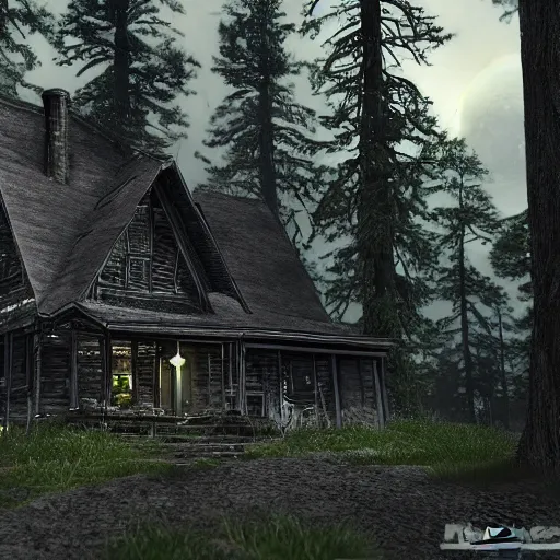 Image similar to hyper realistic werewolf hidden in the dark. higly detailed. background is a deep dark cabin in the woods. unreal engine 5