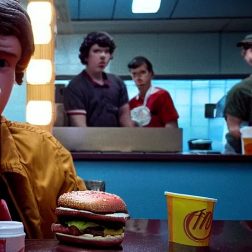 Image similar to an obese demogorgon odering burgers at the counter of a mc donalds restaurant, stranger things, movie scene, high resolution, realistic