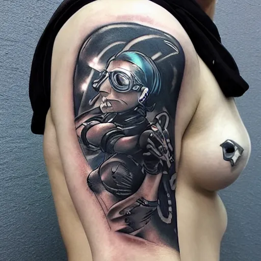 Image similar to cyberpunk underwater diver, black tattoo design, on white skin, by artgerm