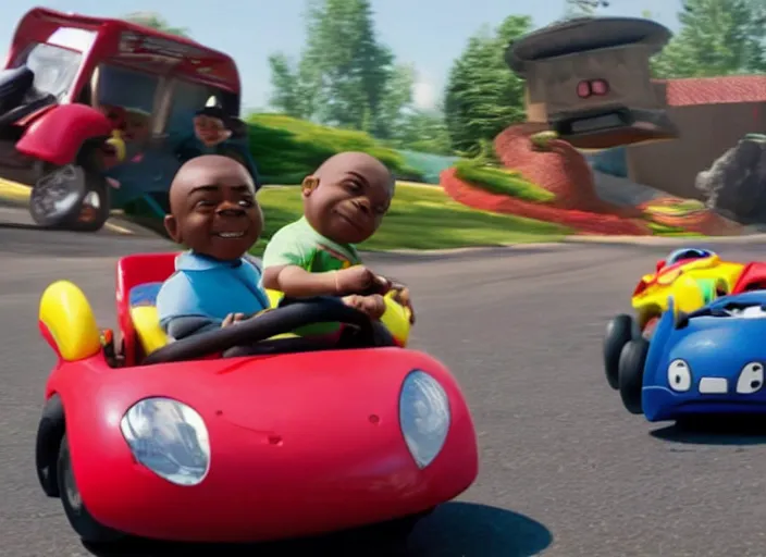 Image similar to peter dinklage racing gary coleman driving a little tikes cars, movie still, from the new fast and furious movie, 8 k, realistic