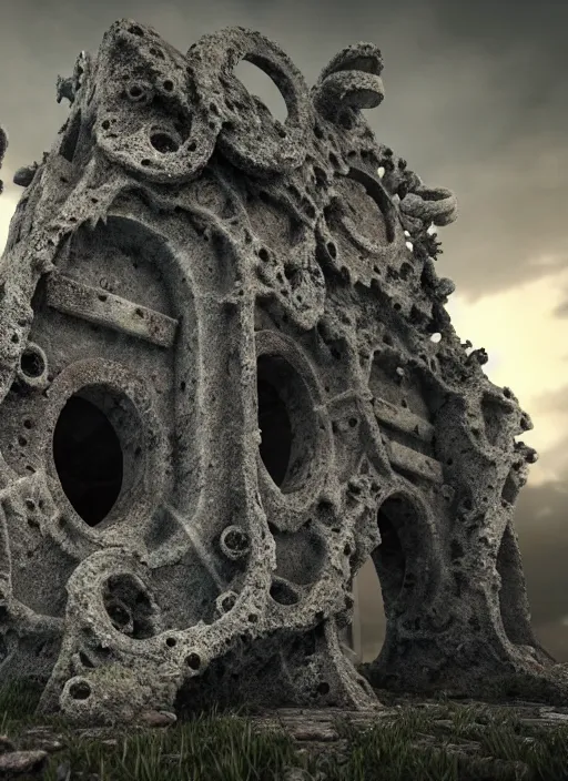 Image similar to ruined ancient lichen covered monument surrounded by biomechanical creatures, ultra realistic, hyper detailed, 8k, octane render