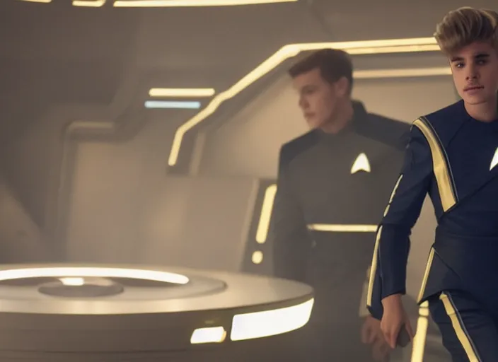 Image similar to Justin Bieber plays as captain in Star Trek Discovery, engine room and warp core in the background, 35mm photography, highly detailed, cinematic lighting, 4k