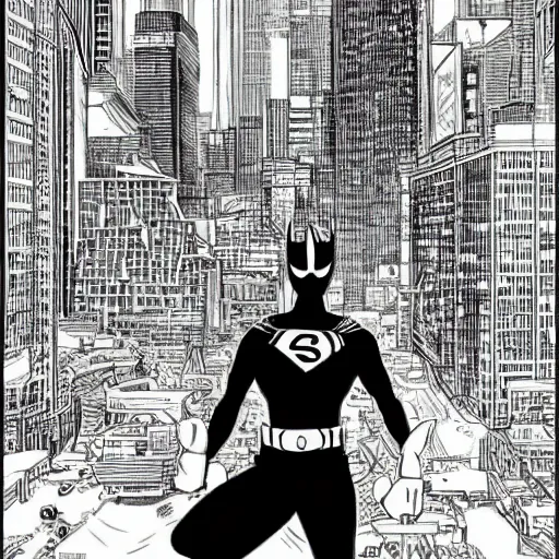 Prompt: Manga illustration of masked super hero, full body and head portrait by Tetsuo Hara. Depth of field, zoom out 35mm camera, awesome cityscape in the background, highly detailed concept art, detailed pencil art by Kengo Hanazawa