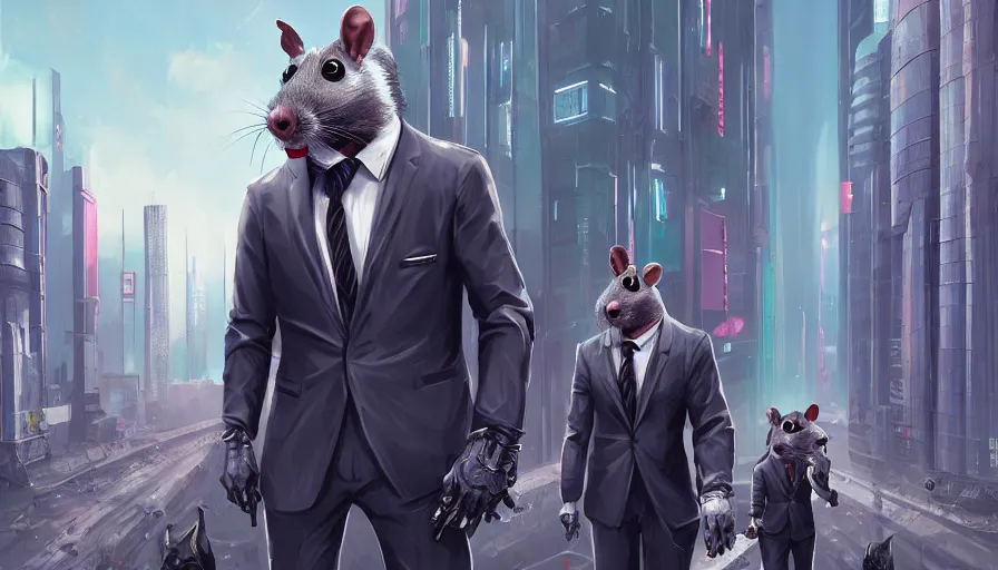 Prompt: anthropomorphic rats in suits in cyberpunk city, digital art, artstation, photorealistic rendering, concept art