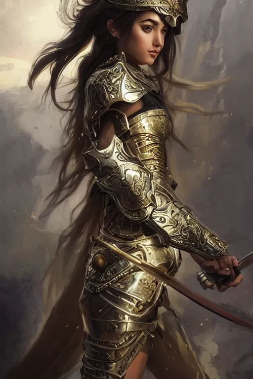 Image similar to attractive young female wielding an ancient sword, ornate metallic helmet, battle armor, olive skin, long dark hair, beautiful bone structure, intricate, elegant, highly detailed, digital painting, artstation, concept art, smooth, sharp focus, illustration, art by artgerm and greg rutkowski and alphonse mucha
