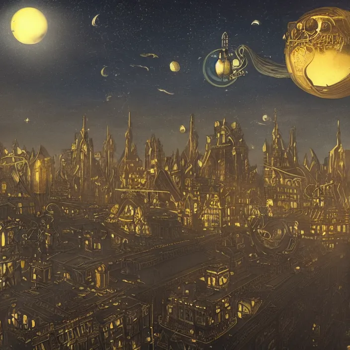 Prompt: a floating city in a night sky, with a steampunk aesthetic and dirigibles floating in the air, cityscape, golden spires, art nouveau architecture, powered by arcane magic, huge bridge