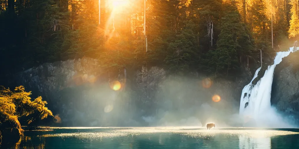 Prompt: herf of bison in a waterfall lagoon surrounded by redwood trees during golden hour by sapna reddy, dustin lefevre, marco grassi, cinematic forest lighting, hyperdetailed, in volumetric soft glowing mist, elegant pose, movie still, real life landscape