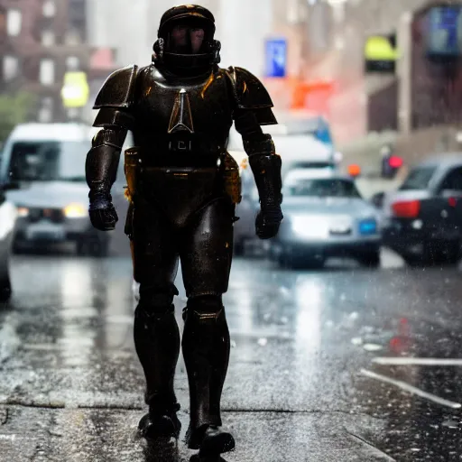 Prompt: a man wearing futuristic space marine armor walks down a rainy street in new york, photography, movie still, dslr 5 5 mm, 4 k