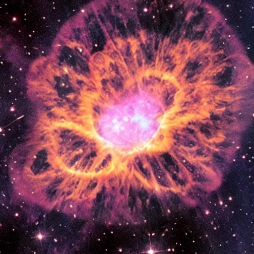 Image similar to Hubble Space telescope image showing details of a the crab nebula. Gaseous filaments resemble orange hair with pink highlights. In the center of the frame, emerging from the hair, is a blue face, seen in profile, of an attractive Greek celestial goddess with an aquiline nose, and a gental smile. Her head is tilted down. She is made of glowing blue nebula gas, and her blue face is emerging from a larger pink and orange nebula which is her hair. High resolution image by Hubble Space Telescope.
