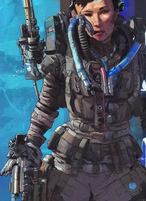 Prompt: apex legends cyberpunk blackops swimmer. concept art by james gurney and mœbius. gorgeous face.