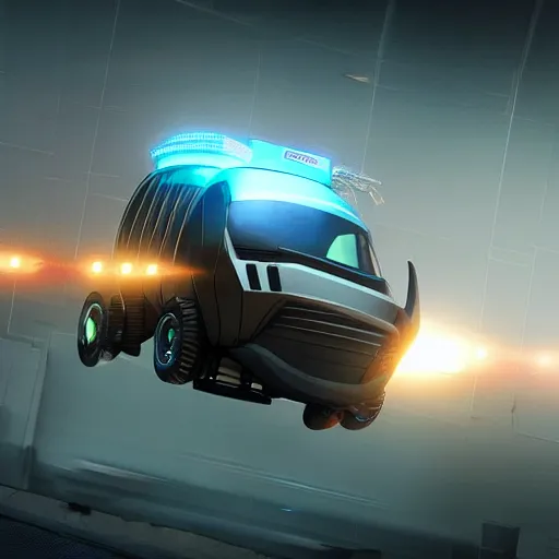 Image similar to cyberpunk alien concept of the a - team van flying trough the sky, futuristic look, highly detailed body, very powerful, photorealistic camera shot, crisp quality and light reflections, unreal engine 5 quality render