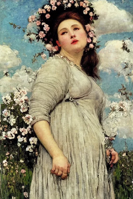 Prompt: close - up fashion fat woman portrait airy flowers cloudy sky art by vasnetsov