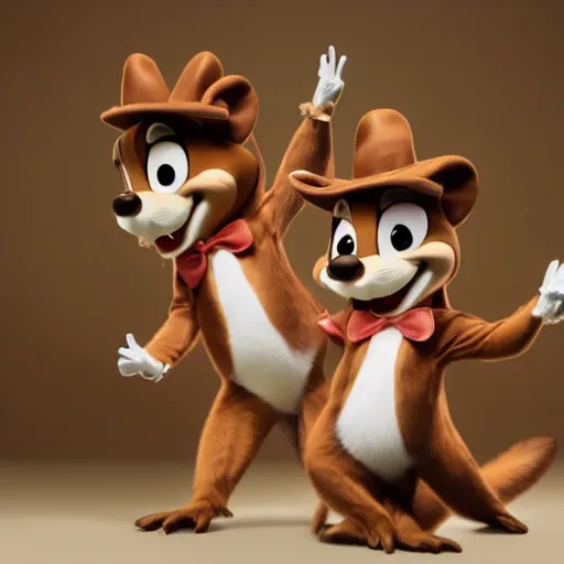 Image similar to Chip and Dale as Chippendale dancers, extremely detailed, 8k resolution, exciting stage lighting, theatrical fog