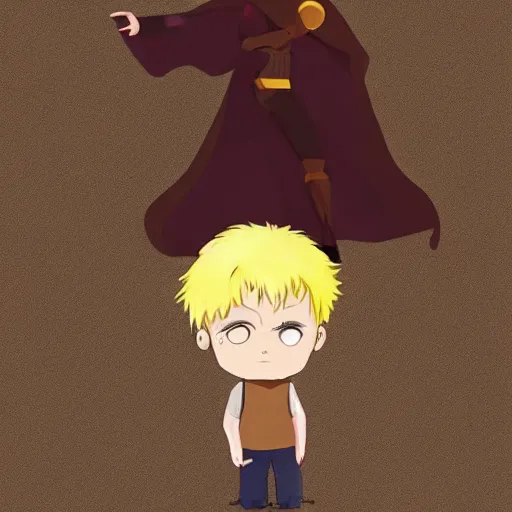 Image similar to blonde boy with glowing golden eyes wearing a brown cape and flying in t pose, in the style of studio ghibli, artgerm