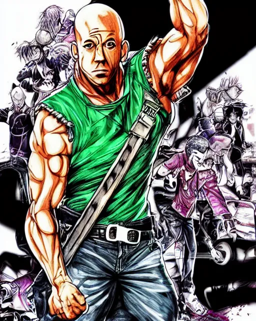 Prompt: Digital color pen drawing of Vin Diesel walking like a Italian model in JoJo\'s Bizzare Adventure anime style, highly detailed, sharp focus, screentone shading, 1990 manga panel, trending on ArtStation, manga cover art drawn by Hirohiko Araki